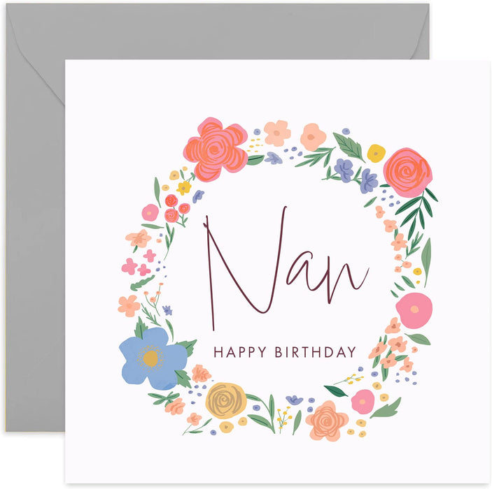 Old English Co. Nan Happy Birthday Card - Sweet Cute Floral Wreath Card for Her Gran Card | Flower Happy Birthday From Grandchild, Grandaughter, Grandson | Blank Inside & Envelope Included