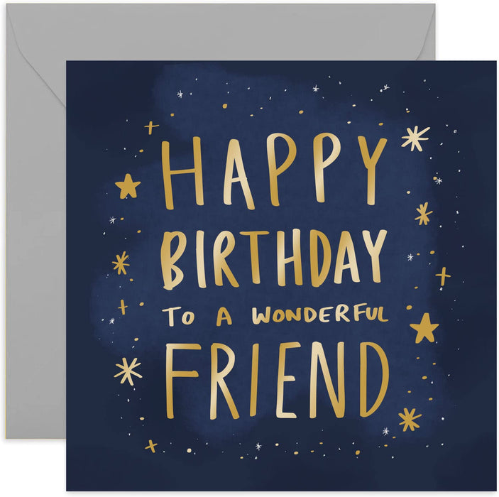 Old English Co. Happy Birthday Wonderful Friend Card - Navy Gold Cosmic Stars Greeting Card for Men and Women | For Special Friend, BFF | Blank Inside & Envelope Included