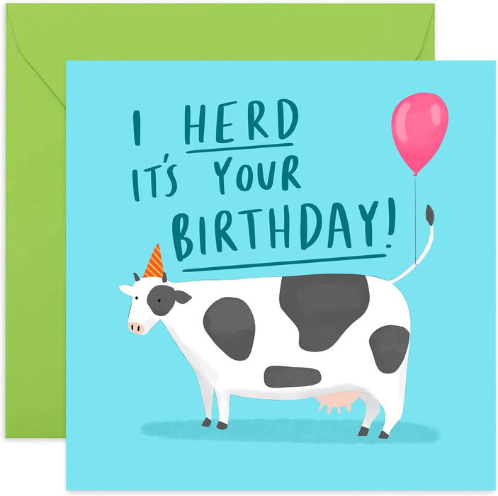 Old English Co. Funny Cow Birthday Card - Humorous Cow Pun Birthday Card for Her and Him | I Herd It's Your Birthday | Blank Inside & Envelope Included