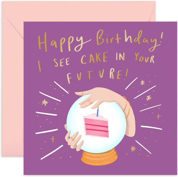 Old English Co. Fortune Teller Birthday Cake Card - Funny Cute Celebration Greeting Card for Her | Humour Joke Card for Women, Daughter, Sister, Friend | Blank Inside & Envelope Included
