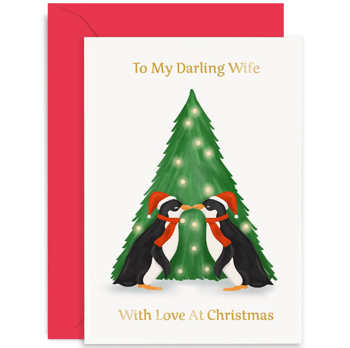 Old English Co. Cute Merry Christmas Card for Wife - Christmas Tree Penguins Kissing Love At Christmas Card for Her from Husband Wife - Happy Holidays Card| Blank Inside with Envelope