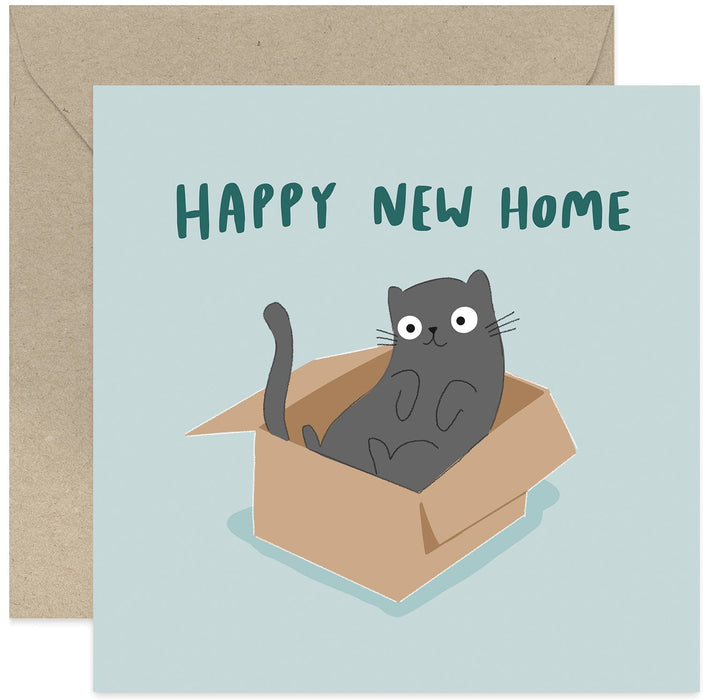 Old English Co. Cat In Packing Box Funny New Home Card - Humorous Illustrated Card Design for Housewarming | Gift Son, Daughter, Brother, Sister, Friends | Blank Inside & Envelope Included