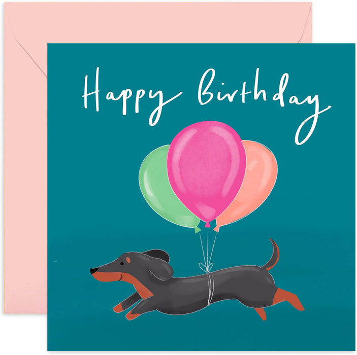 Old English Co. Balloon Dachshund Birthday Card - Happy Birthday Sausage Dog Card for Men and Women | Cute Birthday Card for Him and Her | Blank Inside & Envelope Included