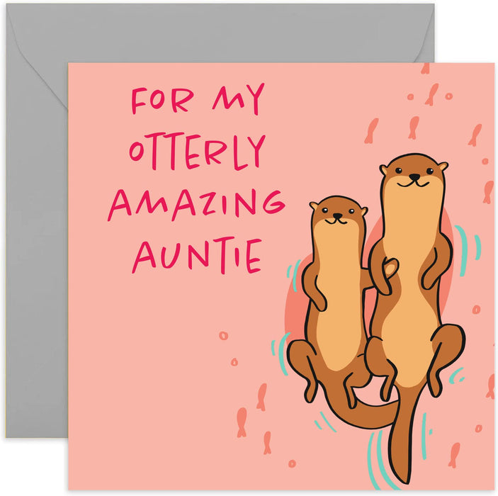Old English Co. Happy Birthday For My Otterly Amazing Auntie! Card - Square Cute Animal Otter Card | Suitable for Men & Women | Blank Inside & Envelope Included