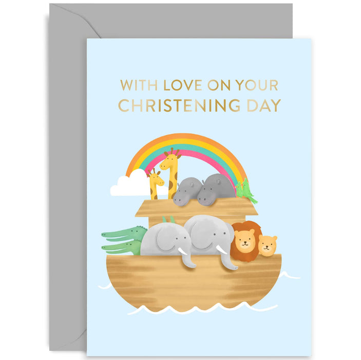 Old English Co. Noah's Ark Christening Day Card for Boy or Girl - Cute Animal Christening Card for Godson, Godaughter, Niece, Nephew, Grandchild | Blank Inside with Envelope
