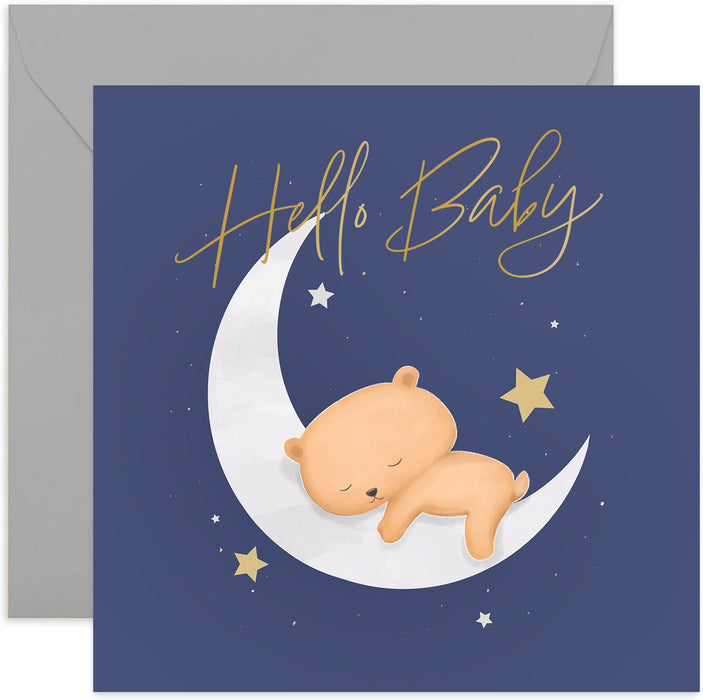 Old English Co. Baby Bear Moon Hello Baby Card - Cute New Arrival for Baby Boy or Baby Girl | Gender Neutral for New Parents | Blank Inside
