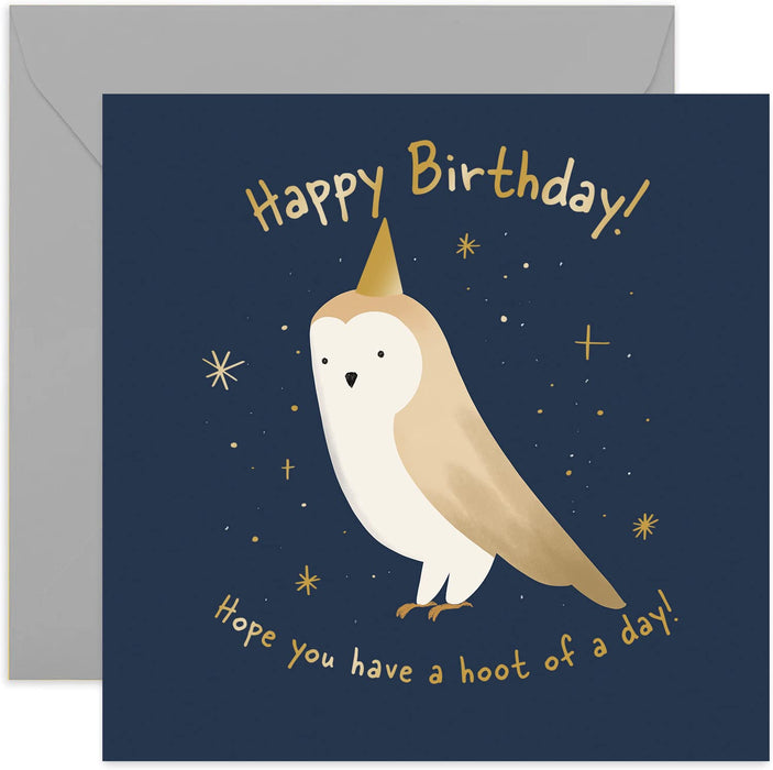 Old English Co. Gold Foil Owl Birthday Card - Humorous Animal Pun Card for Her or Him | Have a Hoot of a Day | Blank Inside & Envelope Included