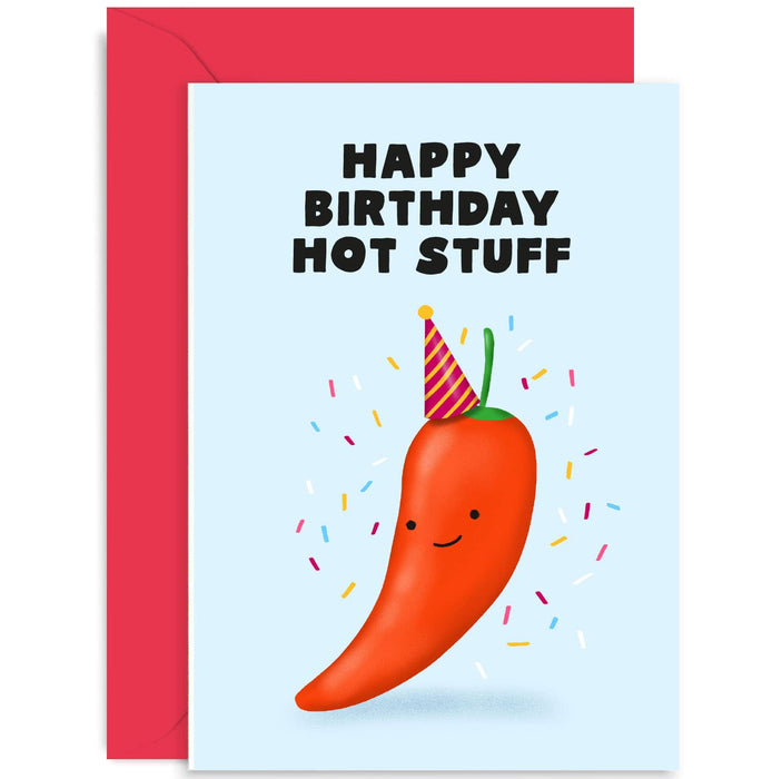 Old English Co. Funny Happy Birthday Card for Husband or Wife - Cute 'Hot Stuff' Chilli Pepper Card for Men or Women - Boyfriend, Girlfriend, Fiance, Partner| Blank Inside with Envelope