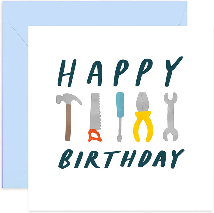 Old English Co. DIY Tools Happy Birthday Card for Him - Illustrated Hammer Saw Screwdriver Card for Dad, Brother, Son, Grandad | Fun Birthday Card for Men | Blank Inside & Envelope Included