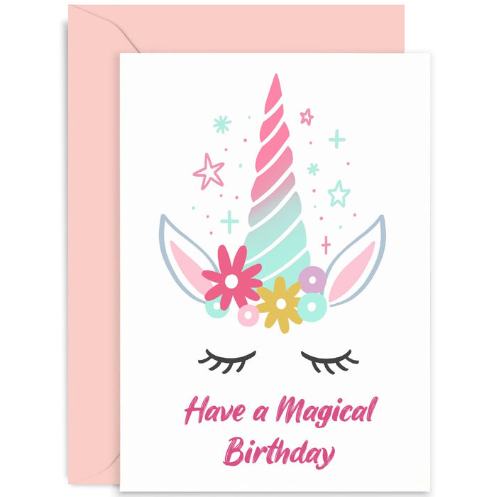 Old English Co. Unicorn Magical Birthday Card for Her - Pink Birthday Age Birthday Card for Girl | Cute Floral Sparkle Unicorn Design for Birthday Party for Him Her | Blank Inside with Envelope