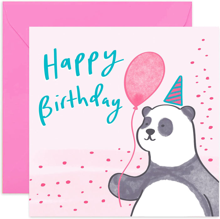 Old English Co. Happy Birthday Girl Panda Card - Square Birthday Wishes Pink Card | Suitable for Baby, Son, Daughter, Child | Blank Inside & Envelope Included