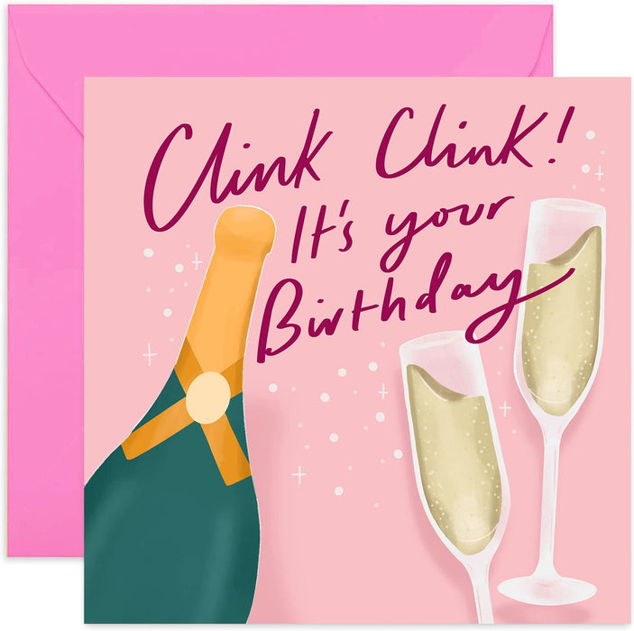 Old English Co. Clink Clink Champagne Birthday Card - Female Greeting Card for Her | Fizz Celebrations for Sister, Mum, Aunty, Niece, Best Friend | Blank Inside & Envelope Included