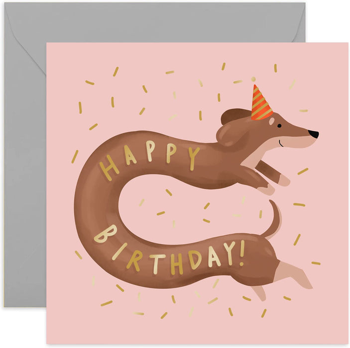 Old English Co. Happy Birthday Sausage Dog Confetti Card - Gold Foil Daschund Greeting Card for Him, Her, Them | Celebrations for Family and Friends | Blank Inside & Envelope Included