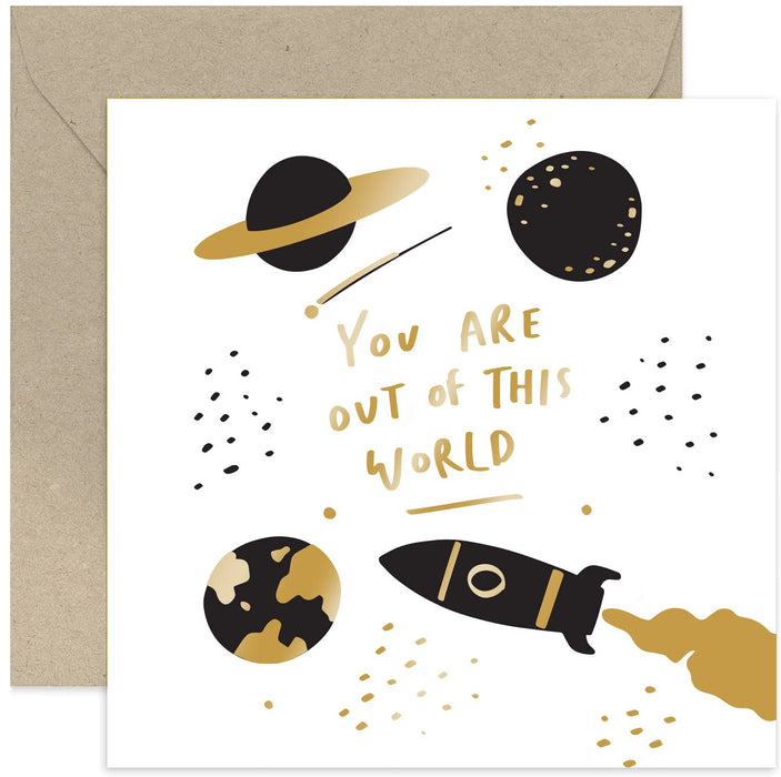 Old English Co. Out Of This World Birthday Card for Him - Teenage Boy Card with Gold Foil Detail | Cosmic Universe Rocket Illustration Congratulations Card | Blank Inside & Envelope Included