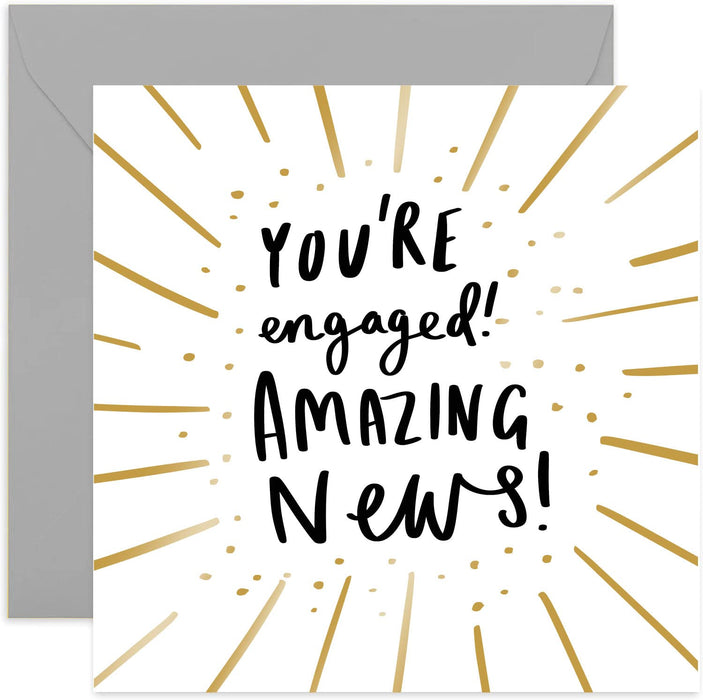 Old English Co. You're Engaged Amazing News Congratulations Card - Cute Gold Foil Sparkle for Couple | Card for Men and Women | Blank Inside & Envelope Included