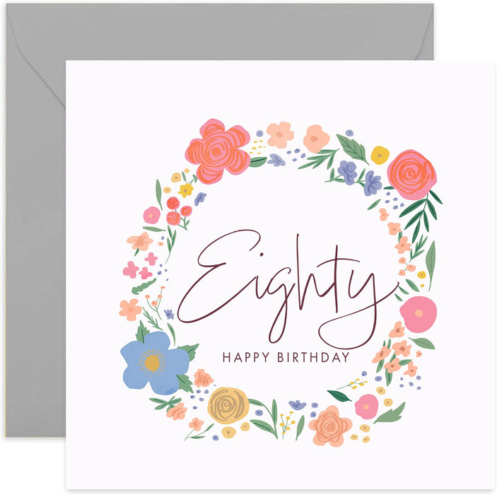 Old English Co. Eighty Happy Birthday Card - Sweet Cute Floral Wreath Card for Her Mum, Auntie Card | 80th Flower Happy Birthday From Son, Daughter, Niece, Nephew | Blank Inside & Envelope Included