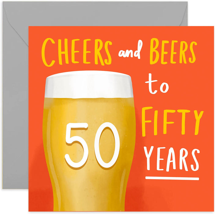 Old English Co. Cheers and Beers to 50 Years Happy Birthday Card - Fun Manly Fiftieth Card for Men | Humour for Dad, Uncle, Brother, Nephew, Son, Cousin | Blank Inside & Envelope Included