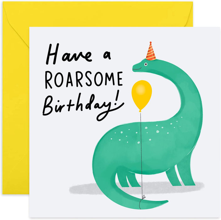 Old English Co. Have A Roarsome Birthday Dino Card - Fun Cute Party Hat Card for Children | Dinosaur Theme For Young Girl or Boy | Blank Inside & Envelope Included