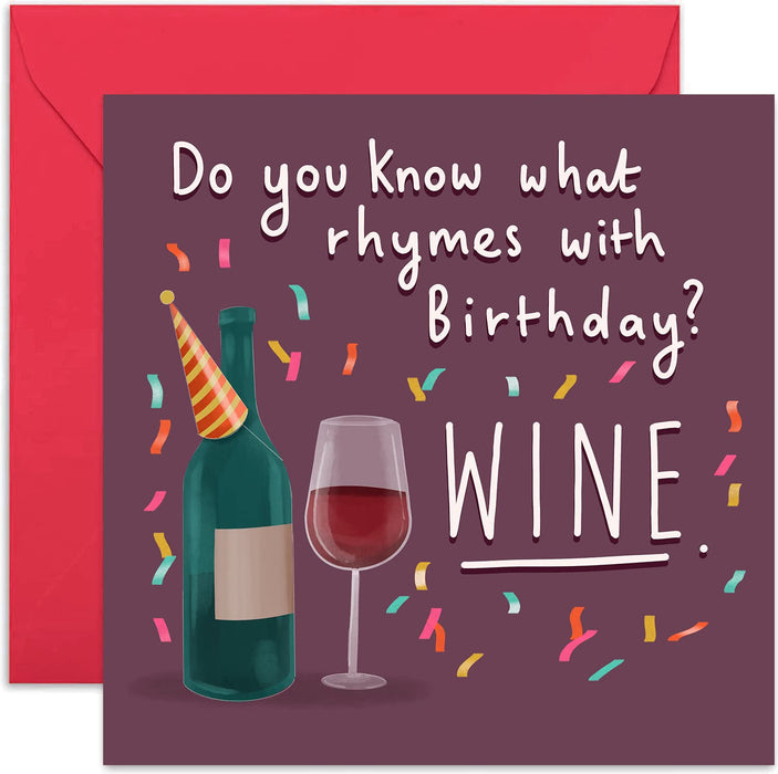 Old English Co. Rhymes with Wine Birthday Card - Funny Drink Alchohol Greeting Card for Her and Him| Birthday Wishes and Celebrations for Women and Men | Blank Inside & Envelope Included