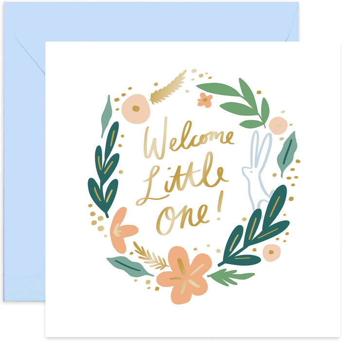 Old English Co. Welcome Little One Floral Wreath Card - Cute Pastel Rabbit Foliage for Baby Boy or Girl | New Nursery Baby Card for Parents | Blank Inside & Envelope Included