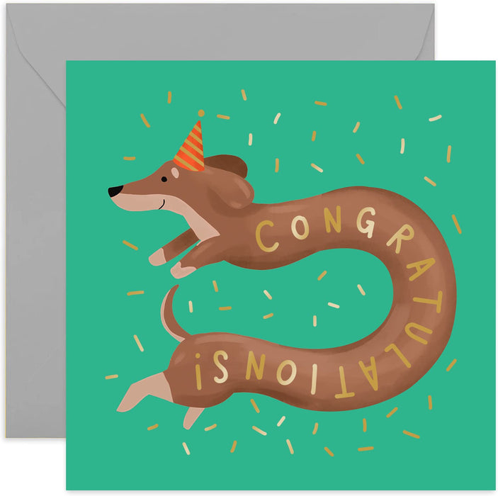 Old English Co. Congratulations Sausage Dog Confetti Card - Gold Foil Daschund Greeting Card for Him, Her, Them | Well Done, Celebrations, Passed Exams, New Job | Blank Inside & Envelope Included