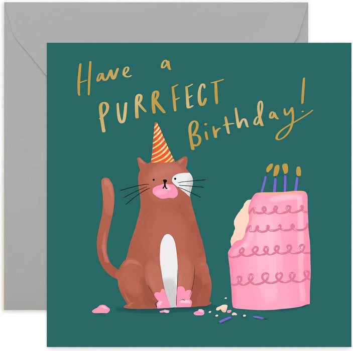 Old English Co. Funny Purrfect Cat Birthday Card - Gold Foil Birthday Cake Greeting Card | Funny Pun Animal for Men and Women | Blank Inside & Envelope Included