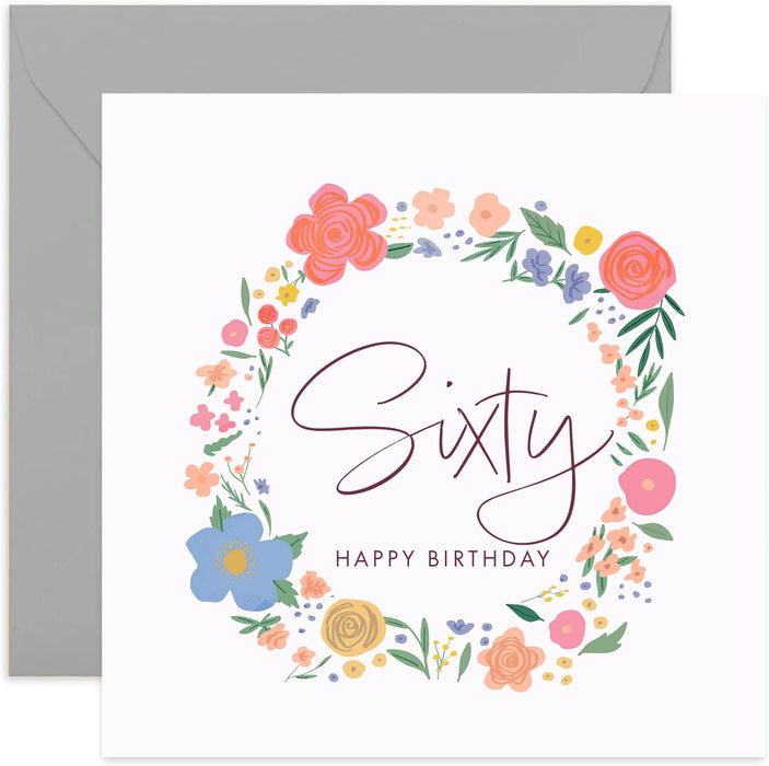 Old English Co. Sixty Happy Birthday Card - Sweet Cute Floral Wreath Card for Her Mum, Auntie Card | 60th Flower Happy Birthday From Son, Daughter, Niece, Nephew | Blank Inside & Envelope Included