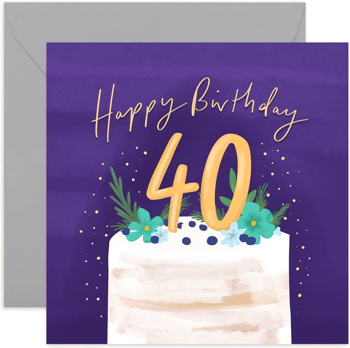 Old English Co. Happy 40th Birthday Cake Card - Floral Birthday Card for Women | Forty Card for Mum, Grandmother, Aunt, Nanny, Her | Blank Inside & Envelope Included (40th)