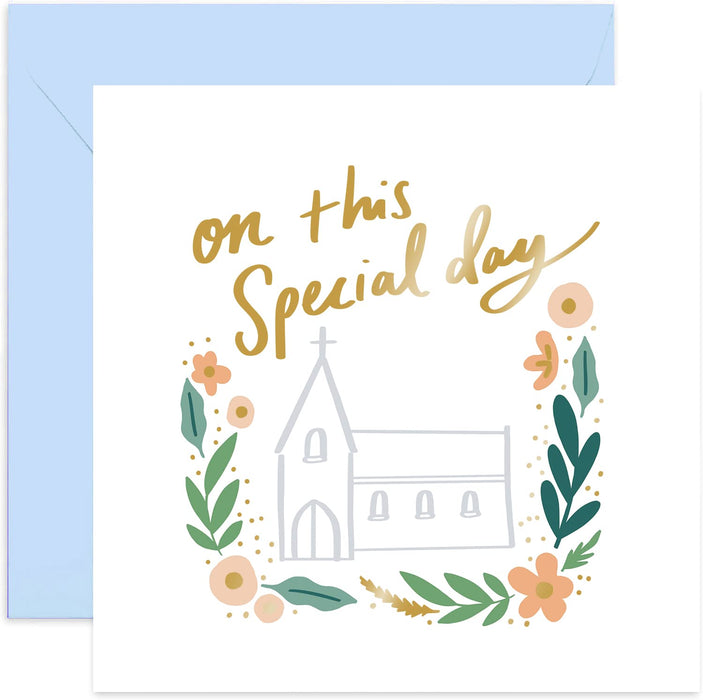 Old English Co. On This Special Day Church Card - Floral Pastel Gold Foil Card for Friends and Family | Wedding Day, Baptism, Christening, Holy Communion Gifts | Blank Inside & Envelope Included