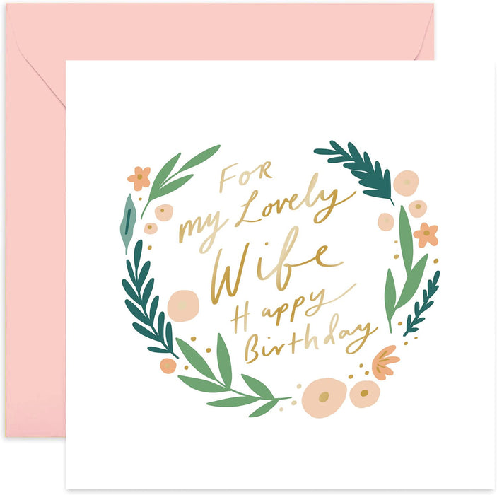 Old English Co. Floral Pastel Wreath Birthday Card for Wife - Special Gold Foil Hand-lettered Greeting Card for Wife Birthday | Cute Illustrated Design | Blank Inside & Envelope Included
