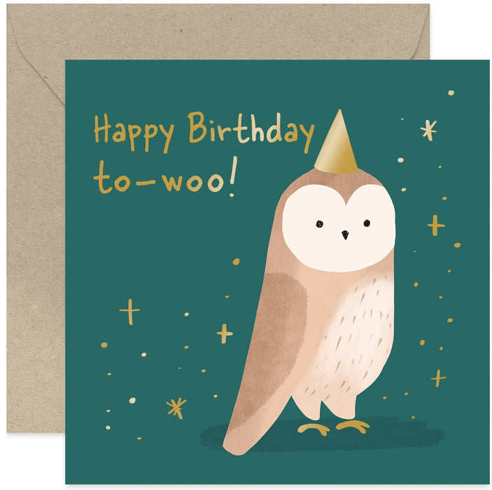 Old English Co. Gold Foil Owl Birthday Card - Humorous Animal Pun Card for Her or Him | Happy Birthday To-Woo | Blank Inside & Envelope Included