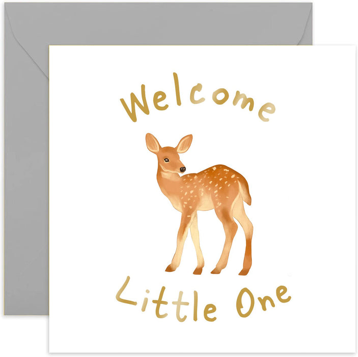 Old English Co. New Baby Card Welcome Little One Deer - Gold Foil Congratulations Baby Boy or Baby Girl Design for Mum and Dad | Cute Well Done Cards for New Parents | Blank Inside & Envelope Included