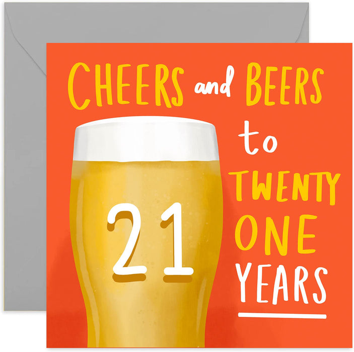 Old English Co. Cheers and Beers to 21 Years Happy Birthday Card - Fun Manly Twenty First Card for Men | Humour for Brother, Nephew, Son, Cousin | Blank Inside & Envelope Included