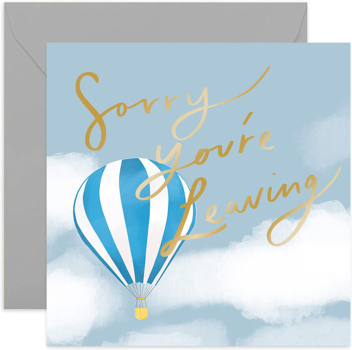 Old English Co. Sorry You're Leaving Hot Air Balloon Card - Gold Foil Good Bye Card for Him or Her | New Job, Promotion, Staff, Colleague, Retirment | Blank Inside & Envelope Included