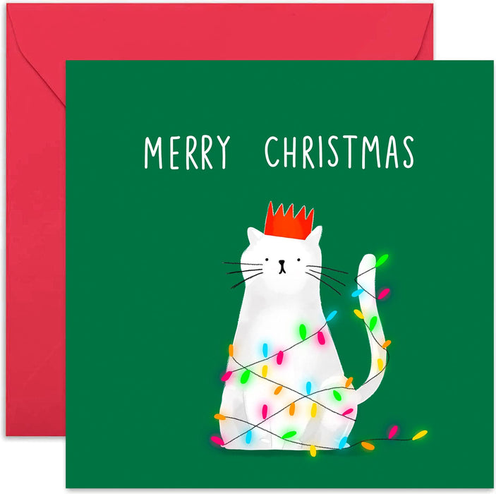 Old English Co. Merry Christmas Cat Fairy Lights Card - Cute Fun Festive Greeting Card for Him or Her | For Boyfriend, Girlfrined, Wife, Husband, Partner | Blank Inside & Envelope Included