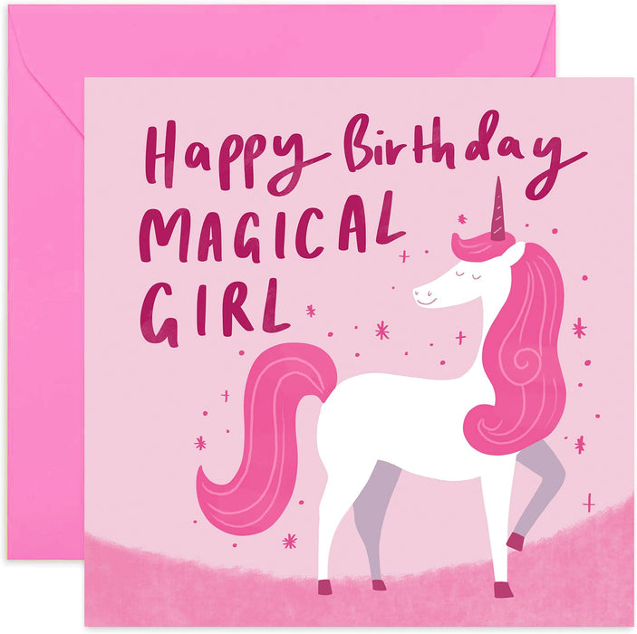 Old English Co. Magical Girl Unicorn Birthday Card - Gift Little Girl on Birthday | Cute Pink Illustration Unicorn Design | Blank Inside & Envelope Included