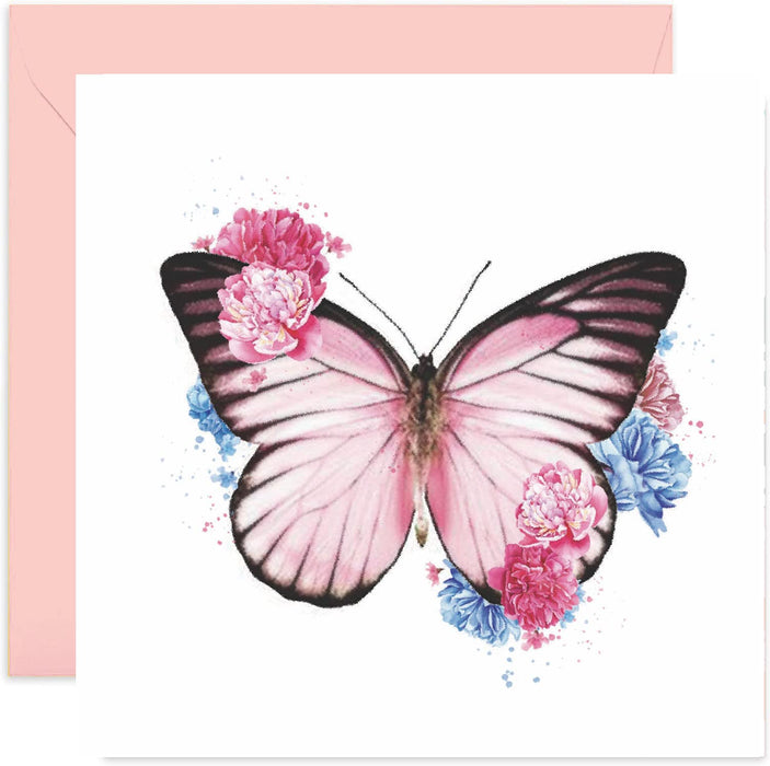 Old English Co. Wildlife Card - Square Pink Butterfly Botanical Floral Birthday Card | Suitable for Friends and Family | Blank Inside & Envelope Included