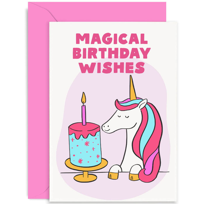Old English Co. Unicorn Birthday Card for Girls - Unicorn Happy Birthday Card Magical Birthday Wishes - Pink Unicorn Cake Card for Young Girls Children | Blank Inside with Envelope