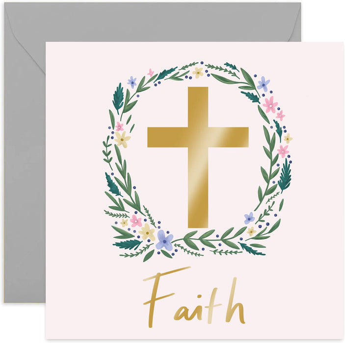 Old English Co. Faith Reigious Card - Gold Foil Square Easter Card | First Communion, Baptism, Christian, Confirmation | Blank Inside & Envelope Included