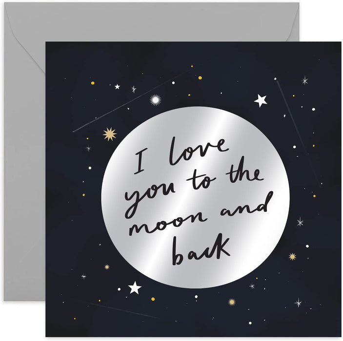 Old English Co. Love You To The Moon & Back Fun Anniversary Card - Silver Foil Romantic Wedding Anniversary for Husband, Wife, Girlfriend, Boyfriend, Parents | Blank Inside & Envelope Included