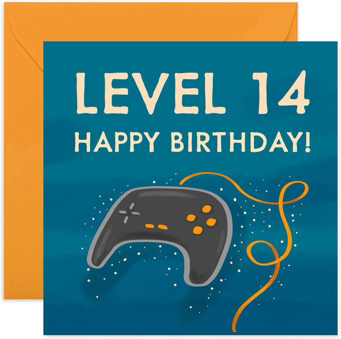 Old English Co. Happy 14th Birthday for Gamer - Gaming Greeting Card for Boy or Girl | Video Game Controller Design for Son or Daughter | Blank Inside with Envelope