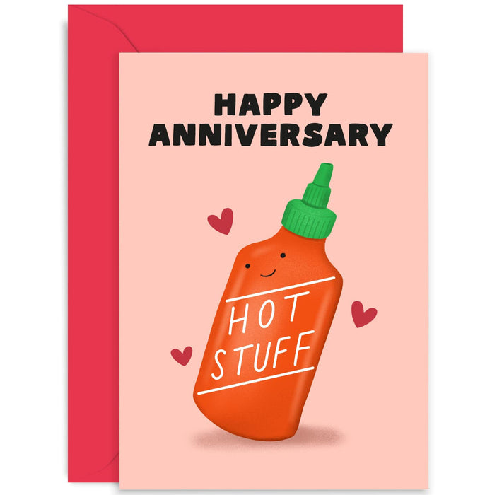 Old English Co. Funny Wedding Anniversary Card for Husband or Wife - Cute 'Hot Stuff' Chilli Hot Sauce Card for Men or Women - Boyfriend, Girlfriend, Fiance, Partner| Blank Inside with Envelope