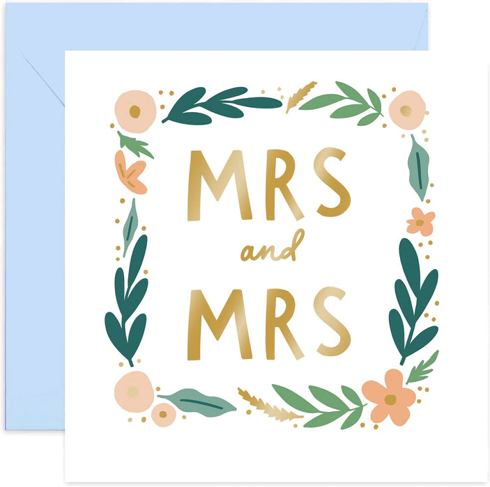 Old English Co. Floral Wreath Mrs and Mrs Card - Pastel Gold Foil Wedding Card For Brides | Engagement For Happy Couple on Big Day | Blank Inside & Envelope Included (Mrs and Mrs)
