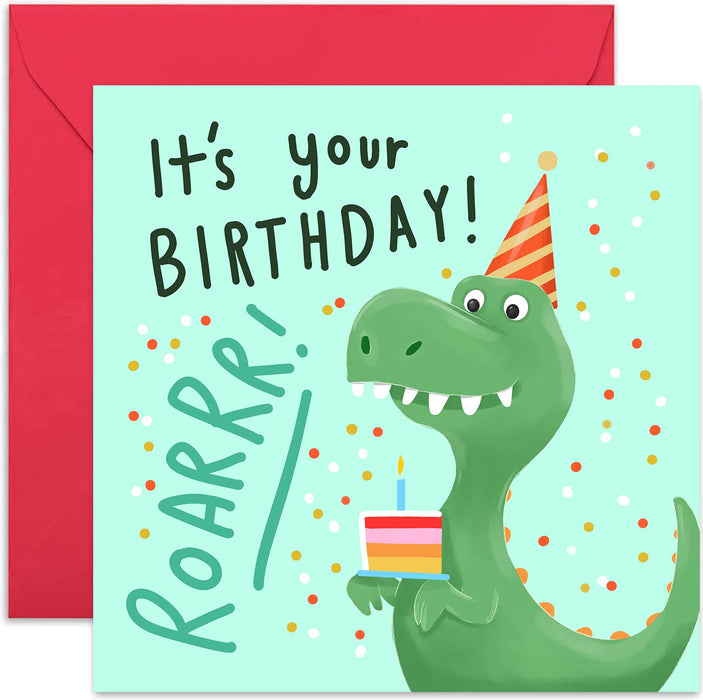Old English Co. Dinosaurs Boys Birthday Card - Fun T-Rex Roar Greeting Card for Children | For Son, Daughter, Grandson, Niece, Nephew, Cousin | Blank Inside & Envelope Included