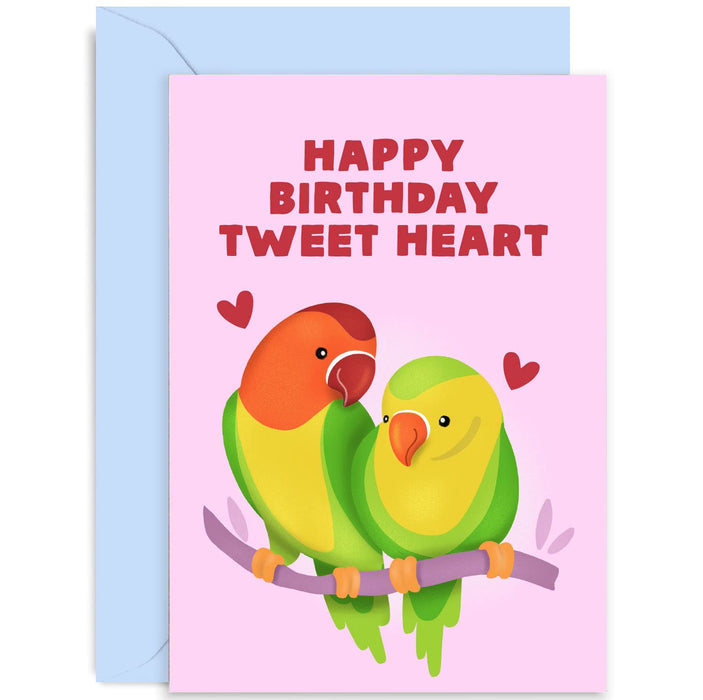 Old English Co. Cute Happy Birthday Card for Wife or Husband - Happy Birthday Tweet Heart Cute Parrot Birds - For Fiance, Boyfriend, Girlfriend, Partner | Blank Inside with Envelope