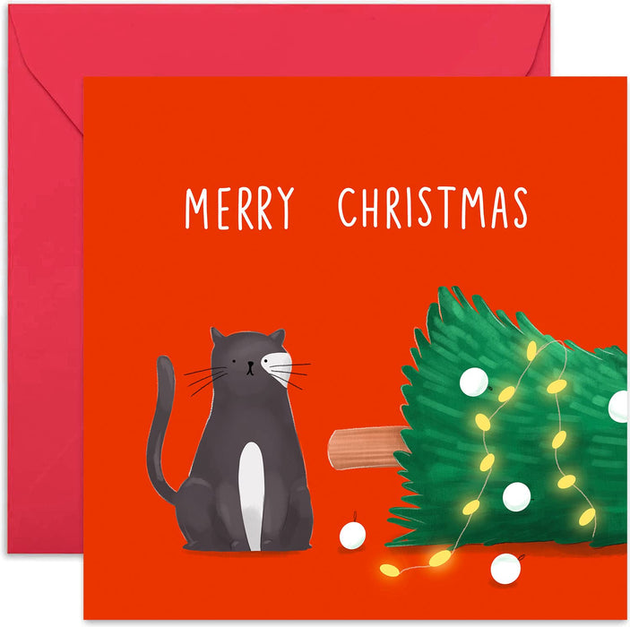 Old English Co. Merry Christmas Cat Tree Card - Cute Fun Festive Greeting Card for Him or Her | For Boyfriend, Girlfrined, Wife, Husband, Partner | Blank Inside & Envelope Included