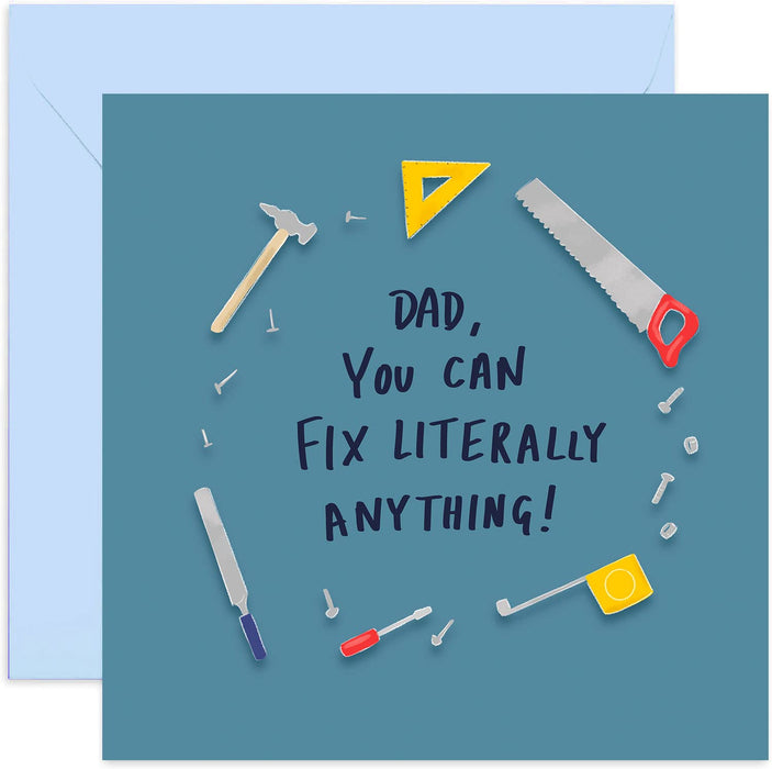 Old English Co. Dad Fix Anything DIY Birthday Card - Fun Joke Greeting Card for Him from Son or Daughter | Home Improvements Hammer and Nails Card | Blank Inside & Envelope Included