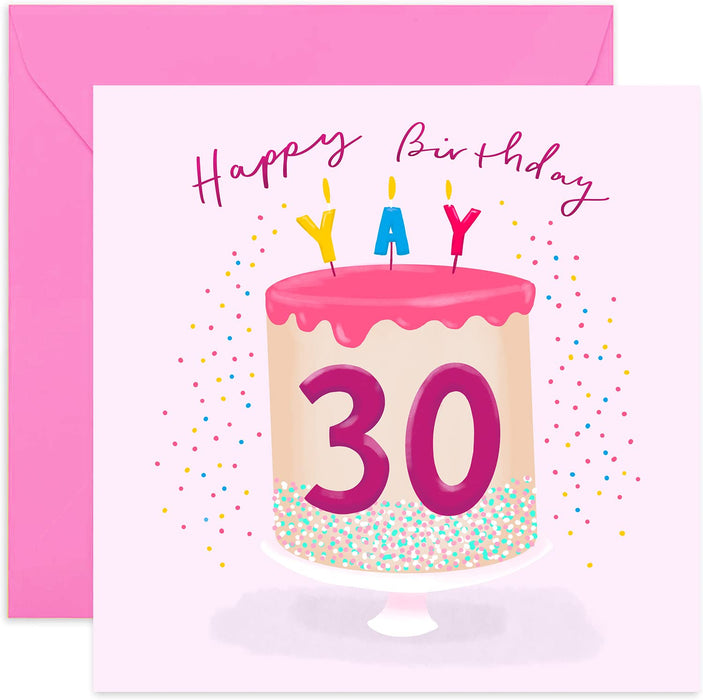 Old English Co. 30th Birthday Numbers YAY Cake Card - Fun Thirtieth Celebration Card for Her | Cute Pink Sparkle Card for Women | Blank Inside & Envelope Included