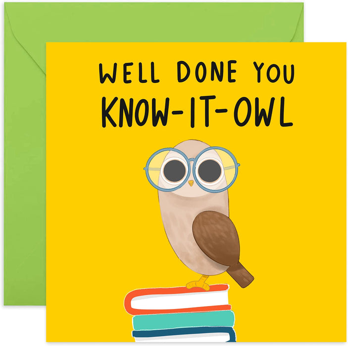 Old English Co. Well Done Know It Owl Card - Funny Pun Animal Greeting Card for Him and Her | Celebrate Exam Results, Passed Driving Test, New Job | Blank Inside & Envelope Included