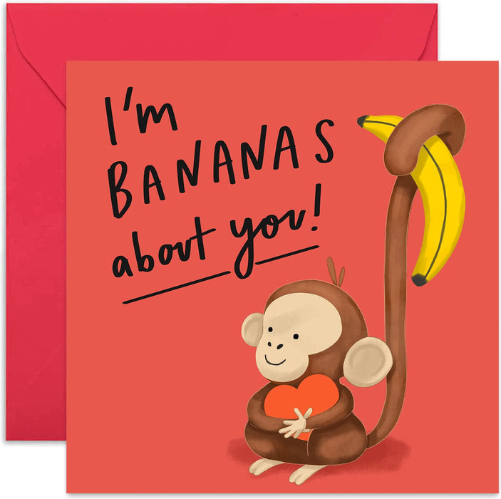 Old English Co. Bananas About You Monkey Anniversary Card - Fun Cute Animal Romantic Card | For Husband, Wife, Girlfriend, Boyfriend | Blank Inside & Envelope Included